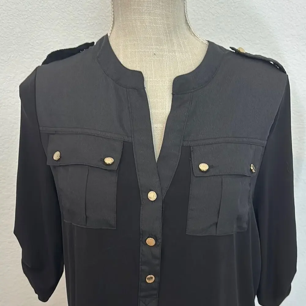 Carmen Marc Valvo Black Button-Down Patch Pocket 3/4 Roll Sleeves Shirt Petite S - Picture 2 of 9